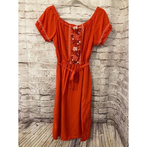 Old Navy Prairie Dress Womens Small Rust Orange Midi Embroidered Belted Flowy - Picture 1 of 14